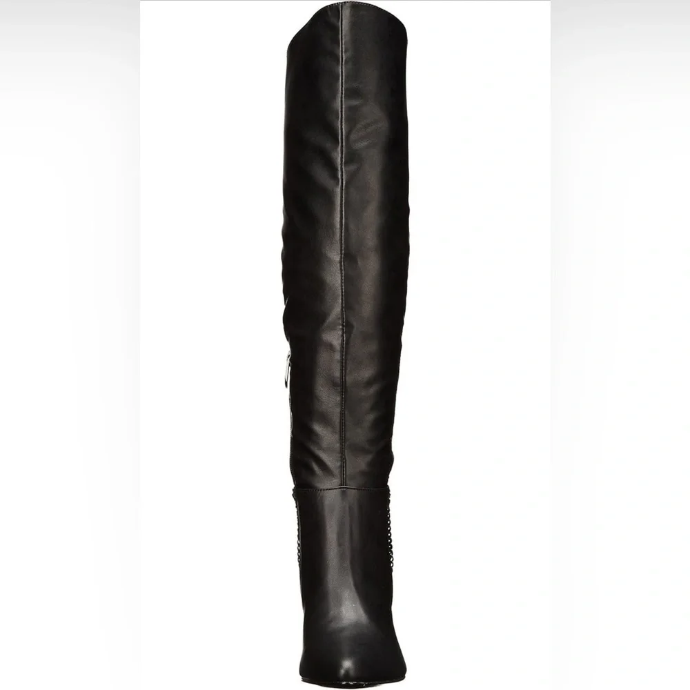 Fergie Samantha Black Chain-Detail Wedge Over-the-Knee Boots – Size 9M